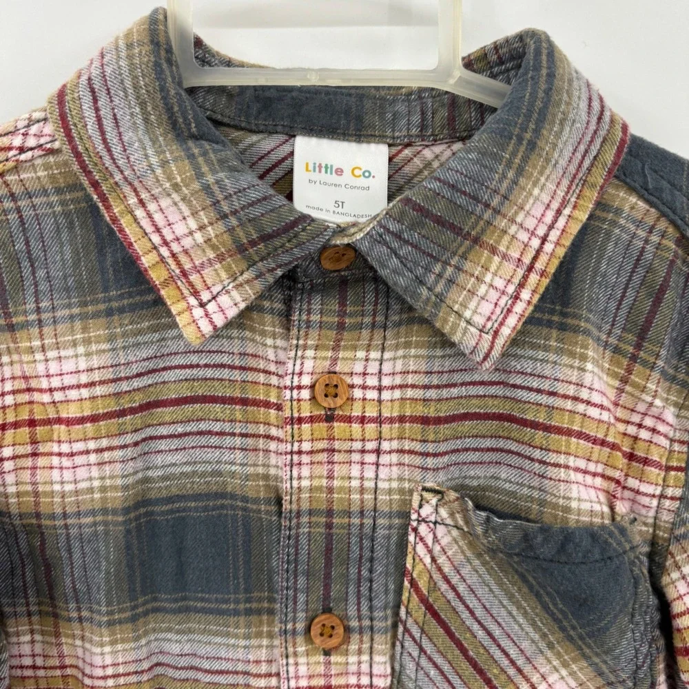 Little Co. Flannel Shirt Kids 5T Grey Multi Plaid Organic Cotton Button Down LC